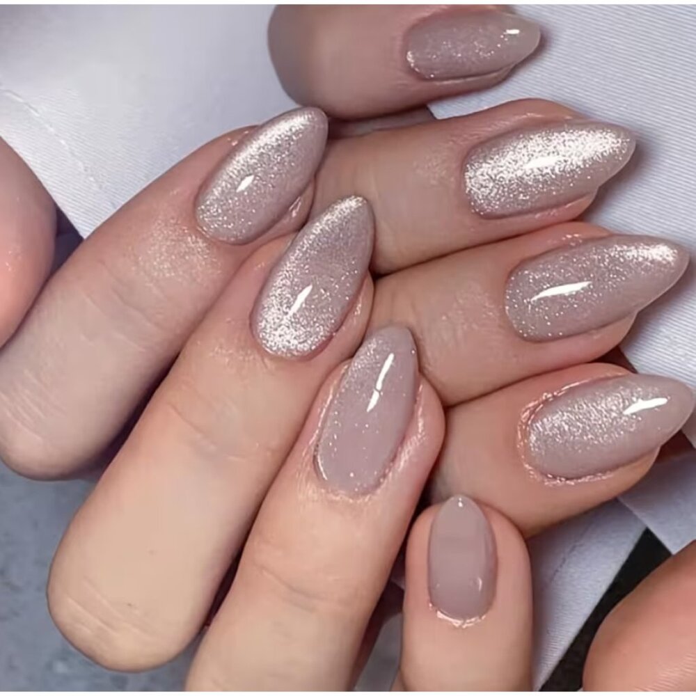24pcs Nude Cat‑Eye Glitter Press‑On Nails – Long Almond Shape, Salon‑Quality